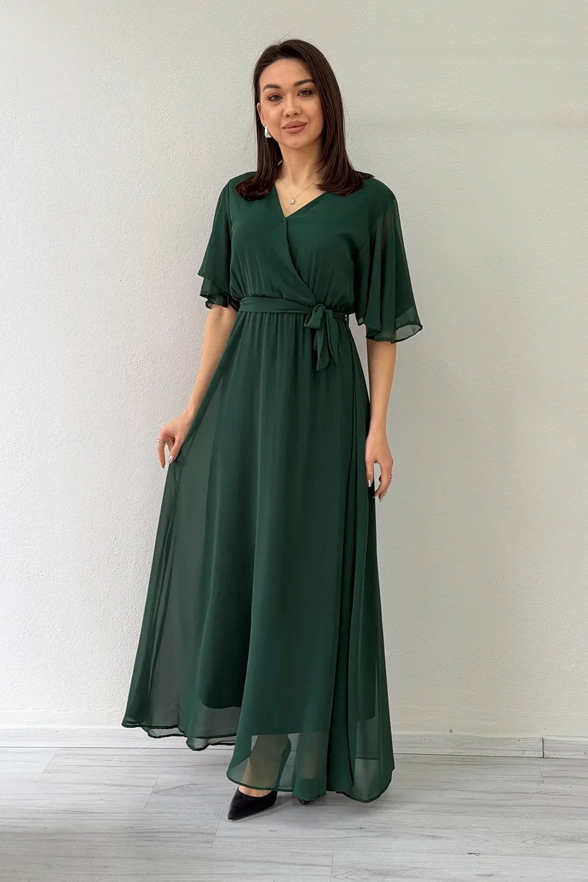 Women's Emerald Green Short Sleeve Chiffon Dress