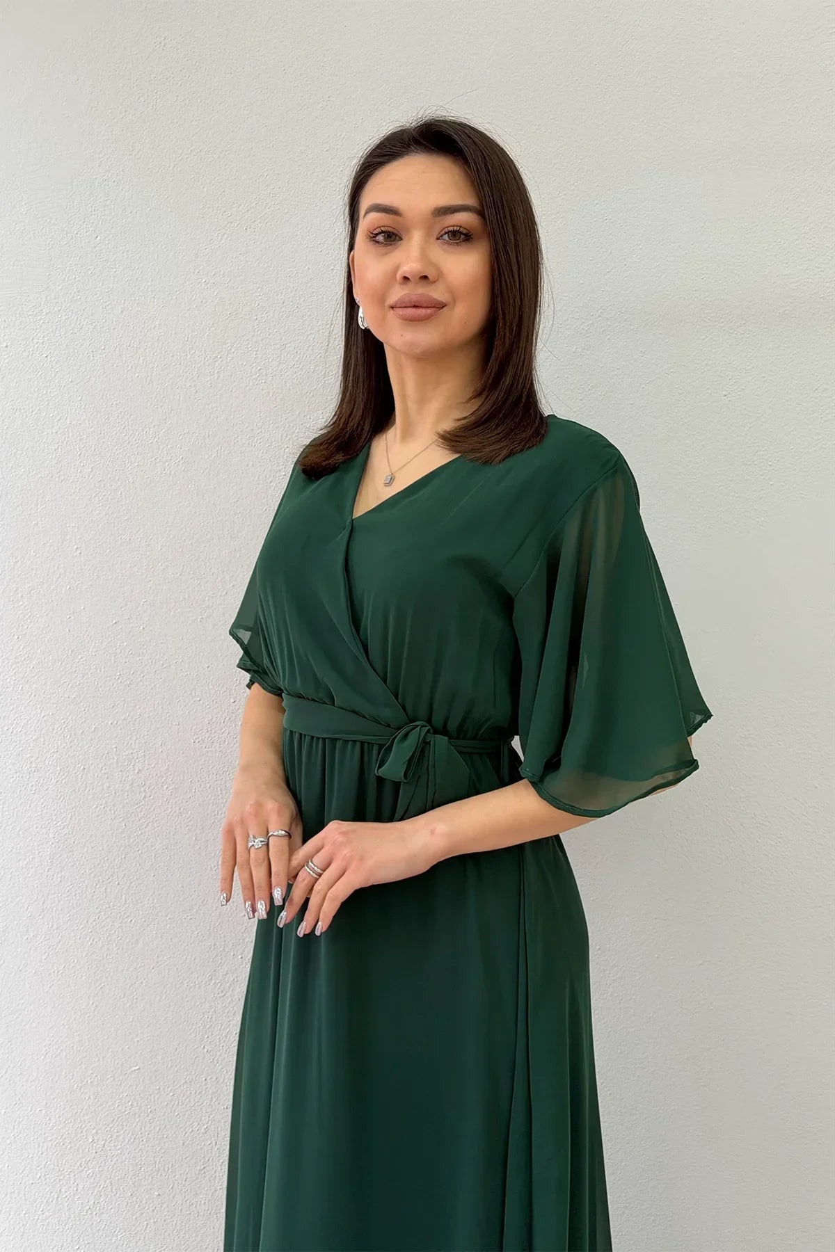 Women's Emerald Green Short Sleeve Chiffon Dress