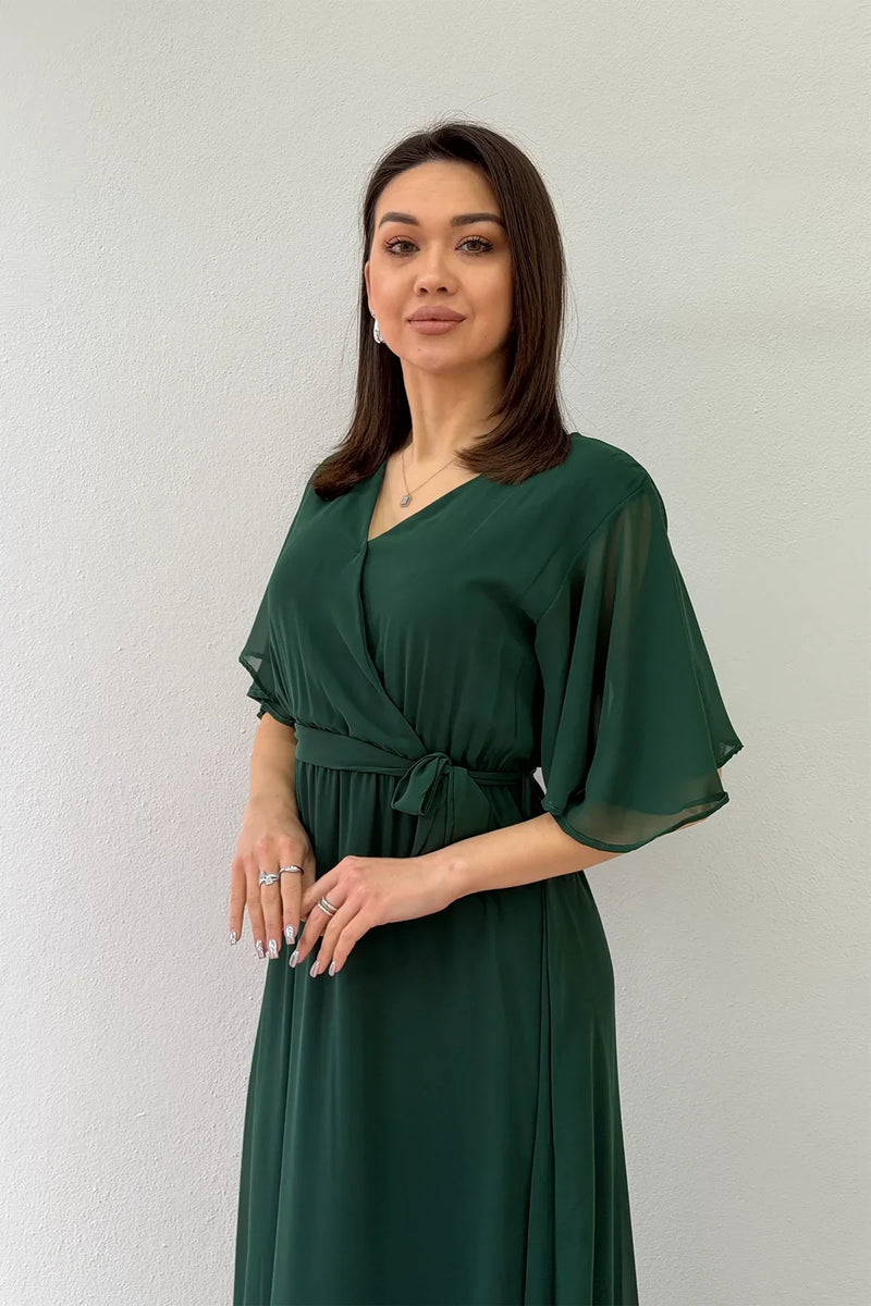 Women's Emerald Green Short Sleeve Chiffon Dress
