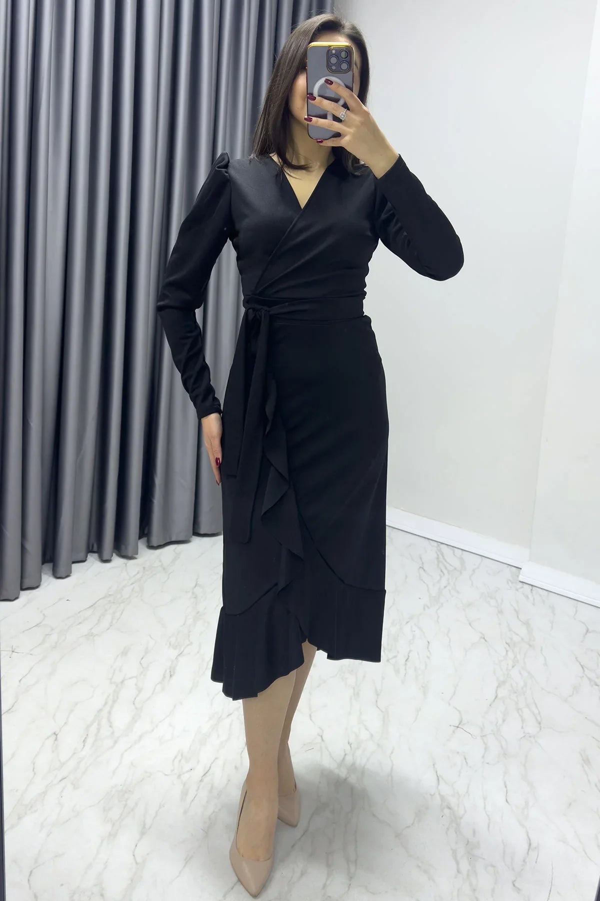 Women's Black Crepe Ruffled Wrap Plus Size Dress
