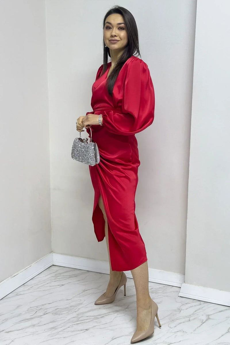 Women's Red Satin Wrap Draped Yırtmaç Detail Balloon Sleeve Plus Size Dress