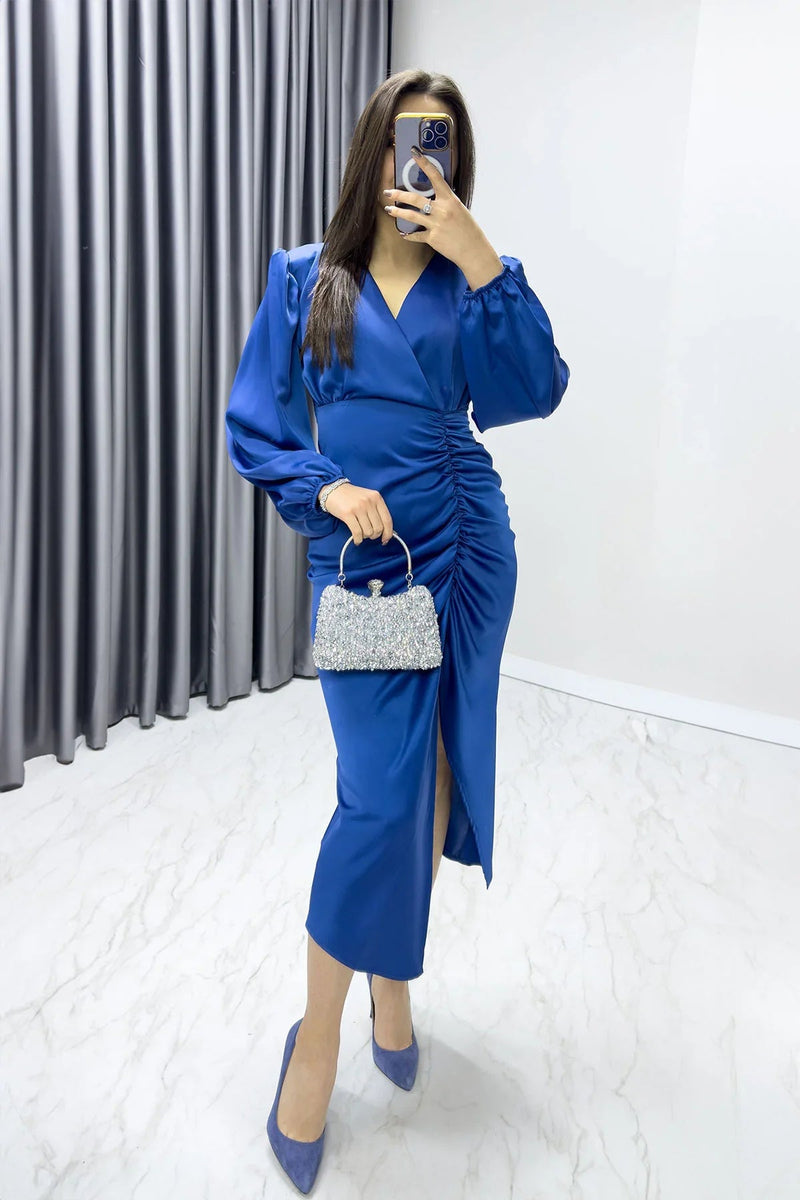 Women's Indigo Wrap Satin Draped Yırtmaç Detail Balloon Sleeve Plus Size Dress
