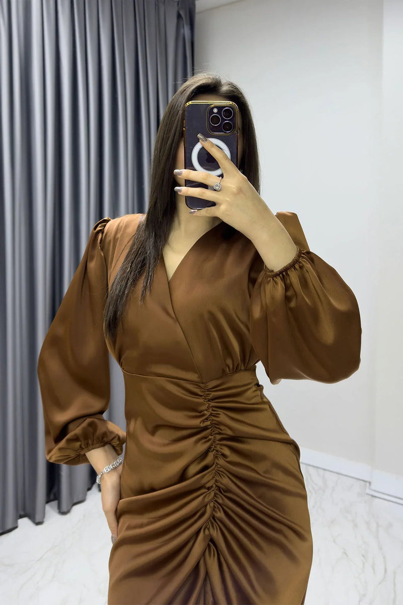 Women's Tan Satin Wrap Draped Yırtmaç Detail Balloon Sleeve Plus Size Dress