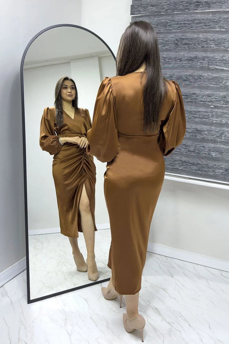 Women's Tan Satin Wrap Draped Yırtmaç Detail Balloon Sleeve Plus Size Dress