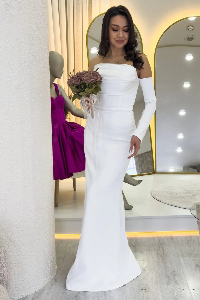 Women's White Strapless Sleeve Aksesuarlı Mermaid Satin Alya Dress