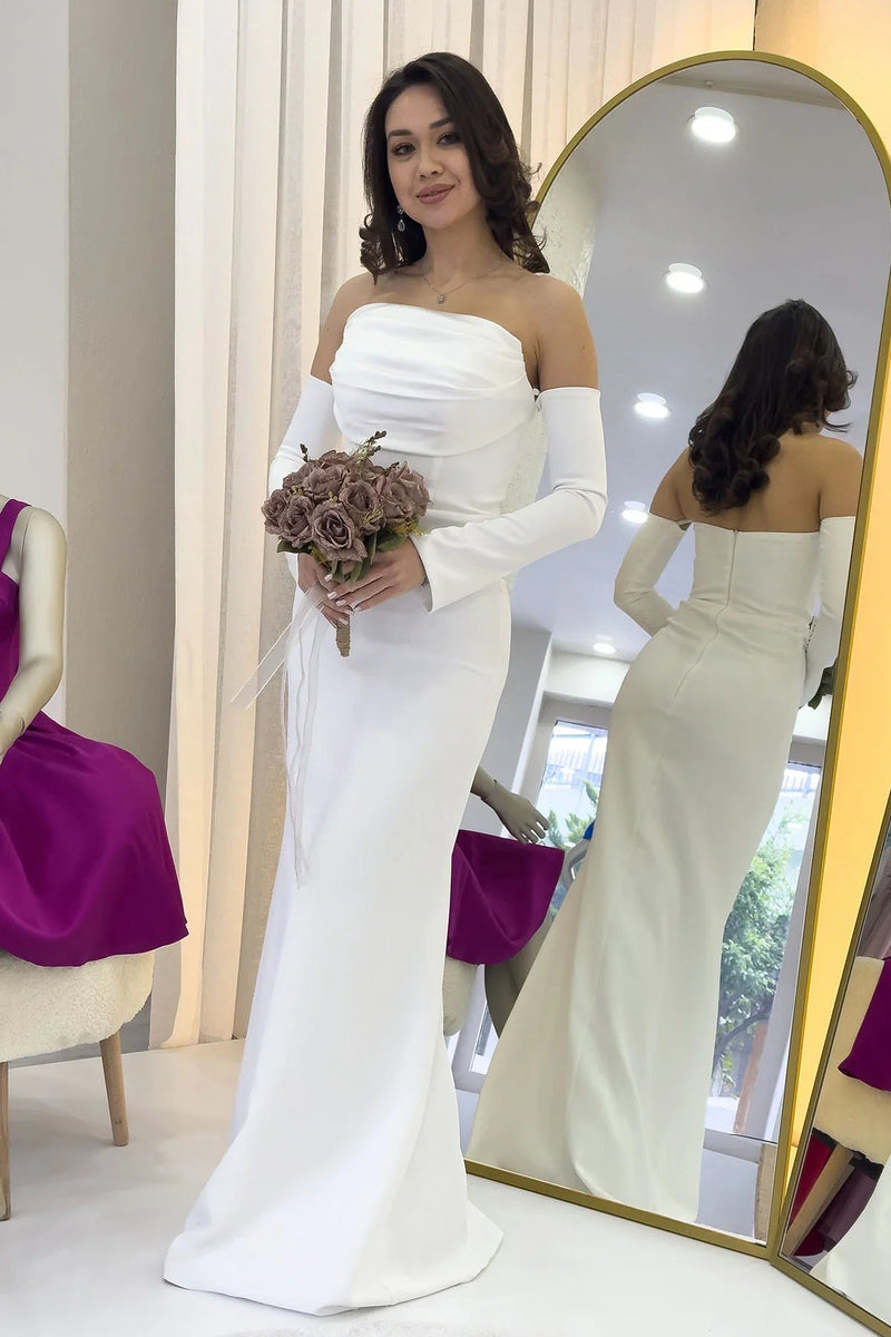 Women's White Strapless Sleeve Aksesuarlı Mermaid Satin Alya Dress