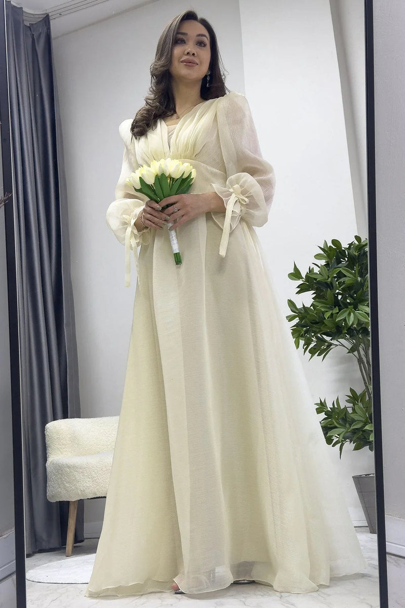 Women's Asymmetric Skirt Krem Karpuz Sleeve Prenses V-Neck Evening Gown - the ZKS