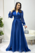 Blue Asymmetrical Skirt Princess Maxi Evening Dress