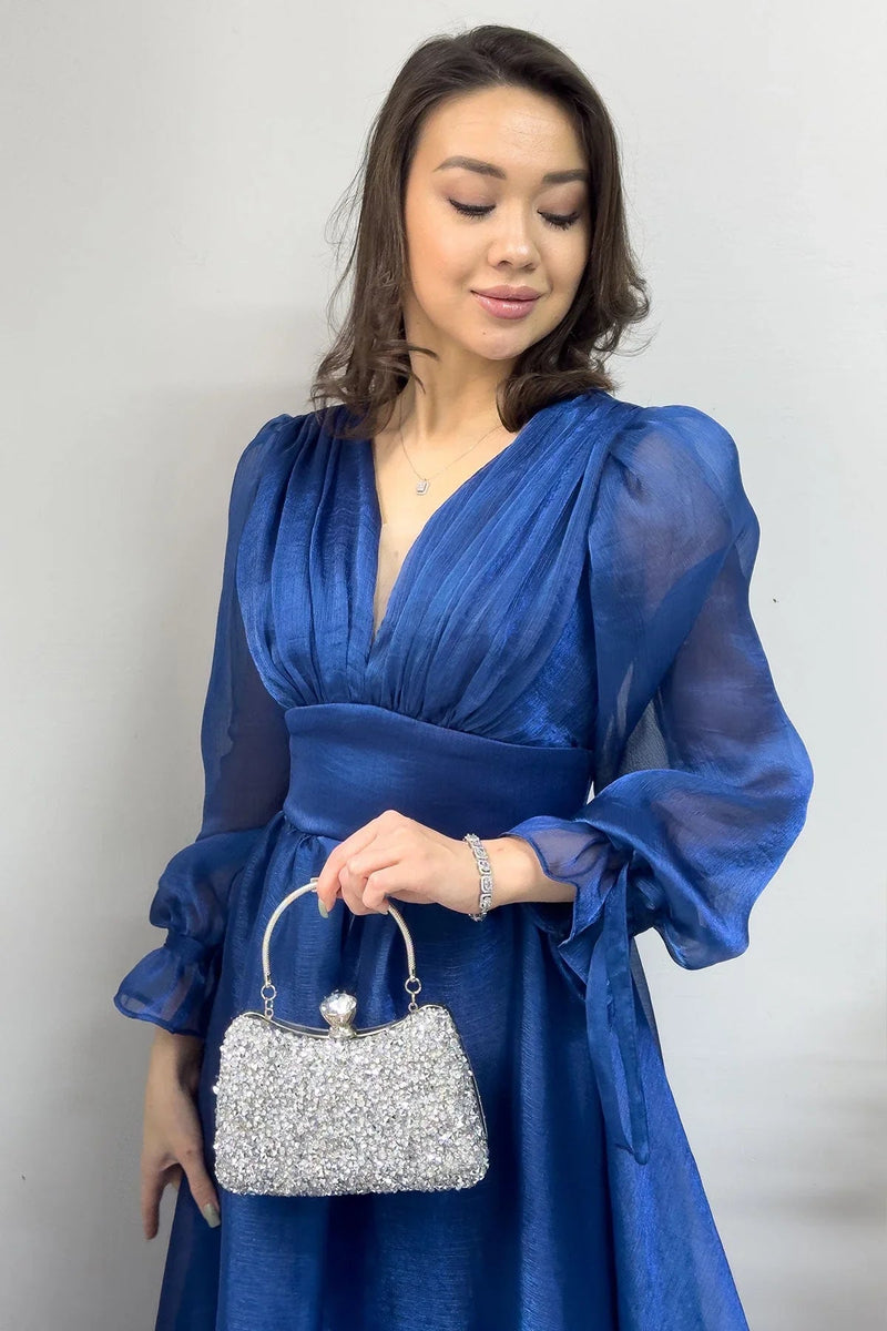 Women's Asymmetric Skirt Petrol Blue Karpuz Sleeve Prenses V-Neck Evening Gown - the ZKS