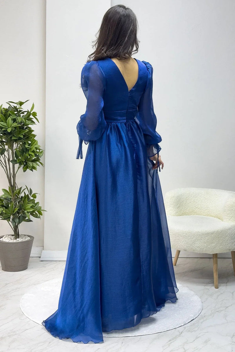 Women's Asymmetric Skirt Petrol Blue Karpuz Sleeve Prenses V-Neck Evening Gown - the ZKS