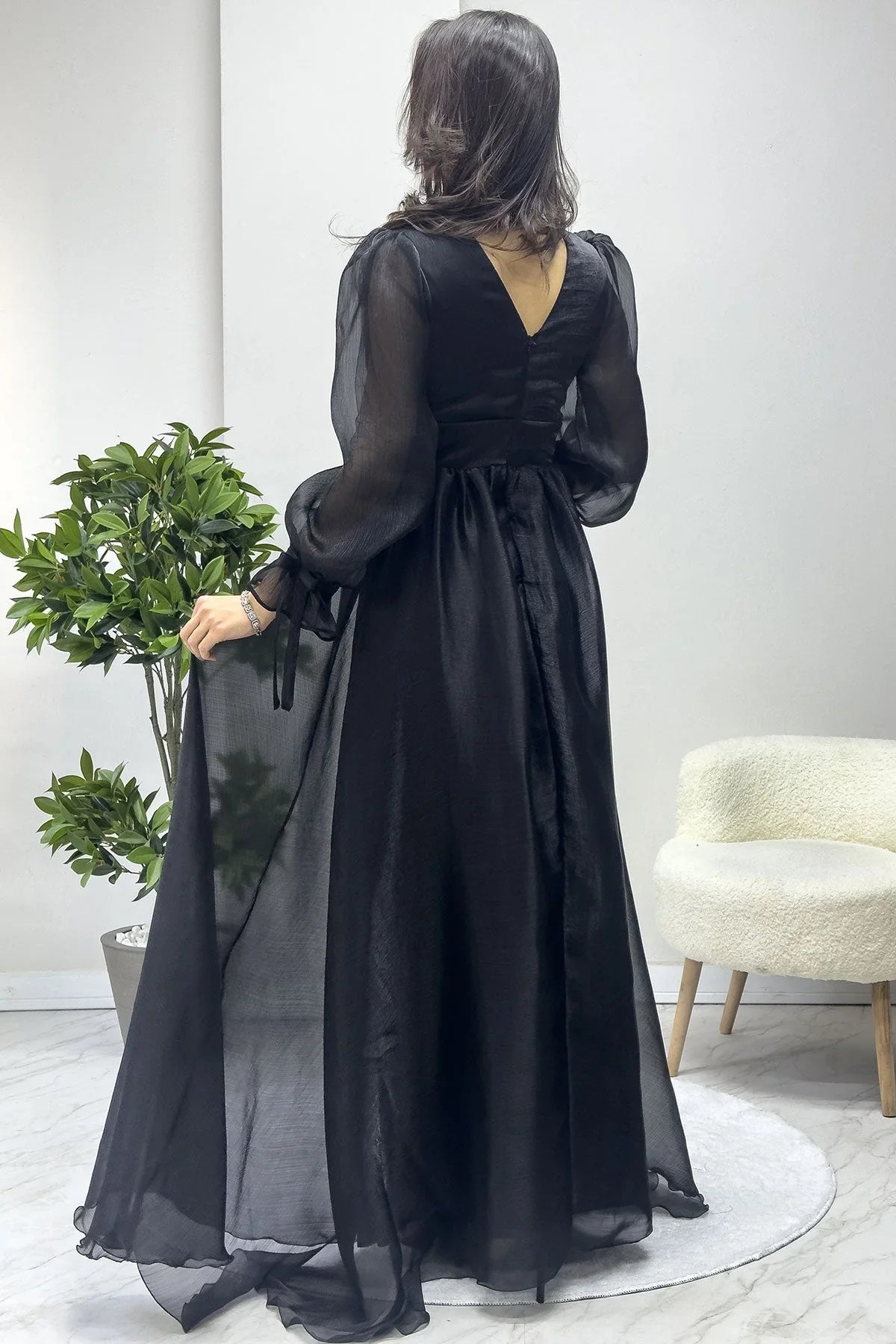 Women's Asymmetric Skirt Black Karpuz Sleeve Prenses V-Neck Evening Gown - the ZKS
