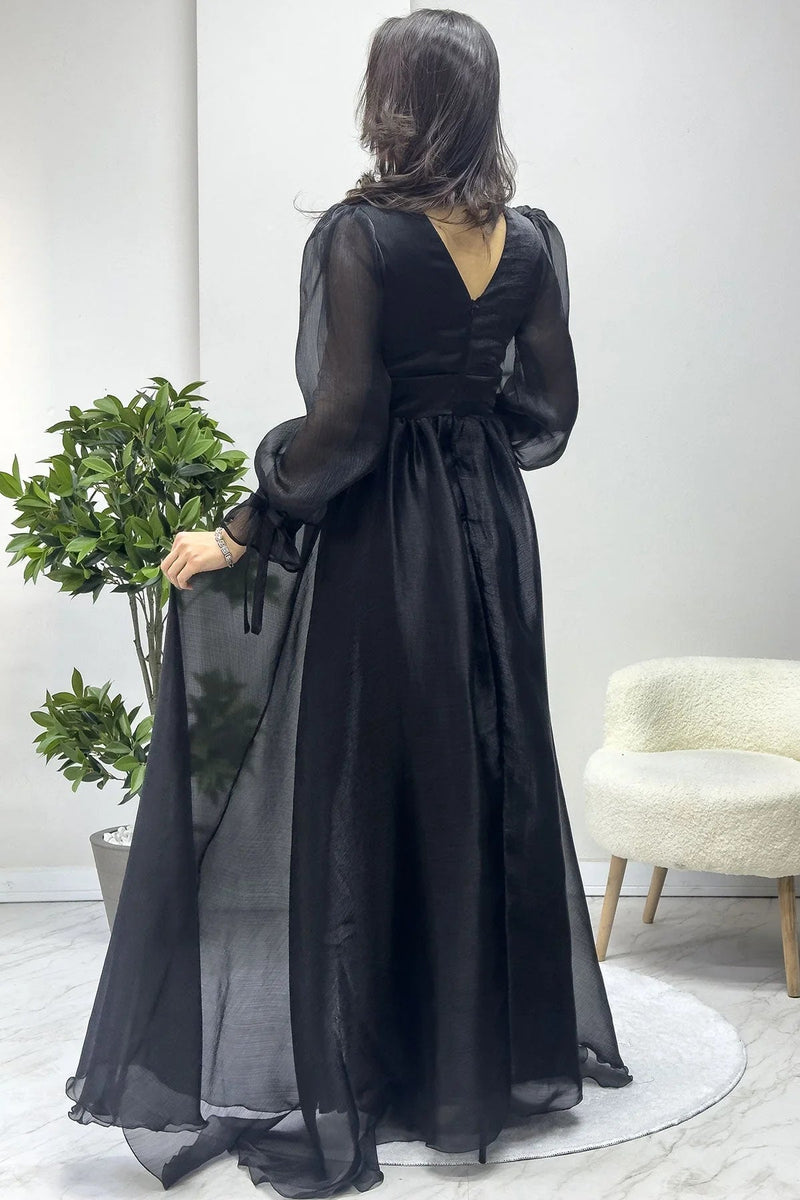Women's Asymmetric Skirt Black Karpuz Sleeve Prenses V-Neck Evening Gown - the ZKS