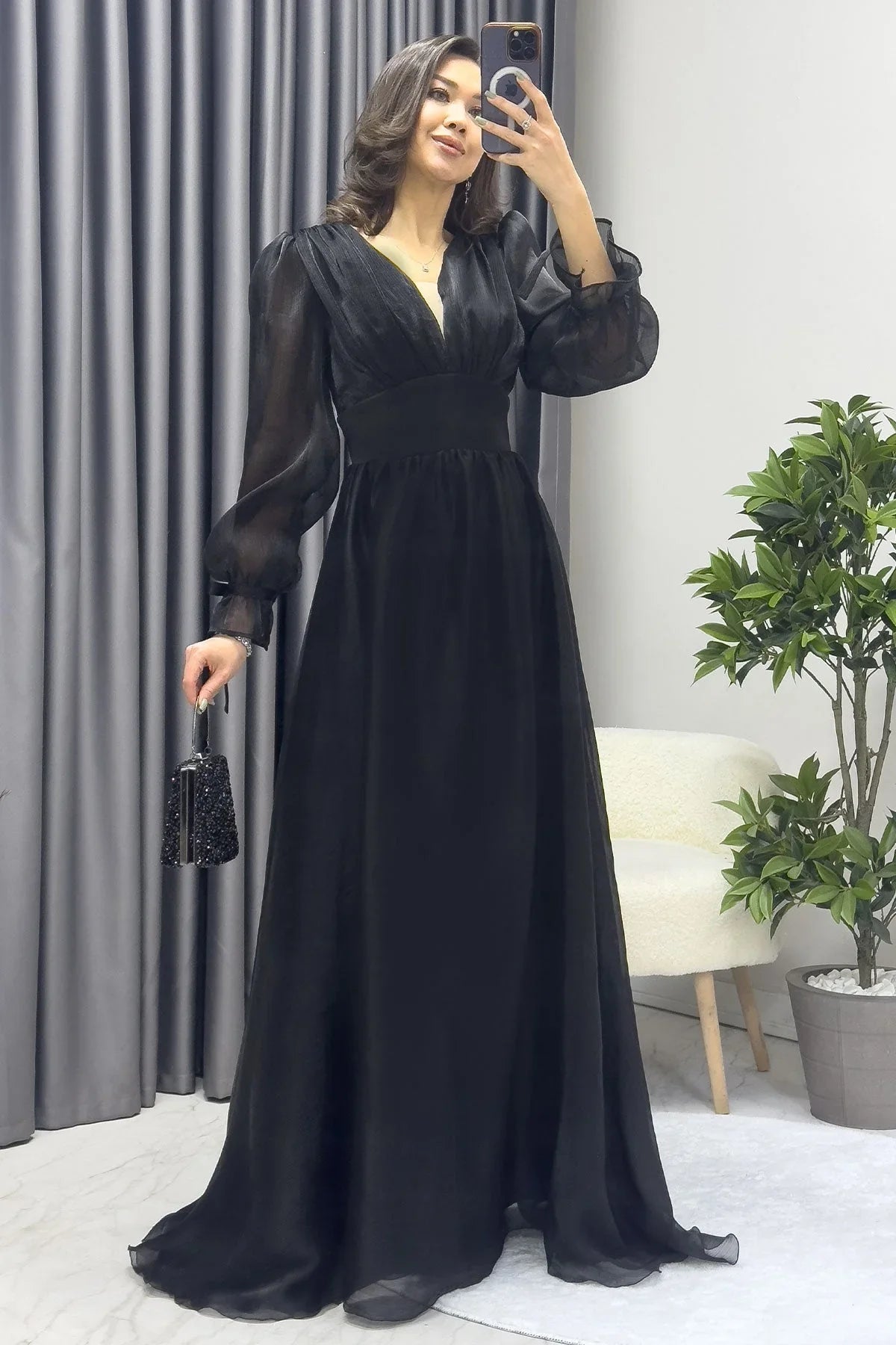 Women's Asymmetric Skirt Black Karpuz Sleeve Prenses V-Neck Evening Gown - the ZKS