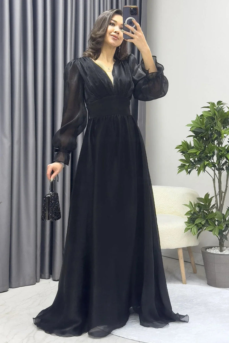 Women's Asymmetric Skirt Black Karpuz Sleeve Prenses V-Neck Evening Gown - the ZKS