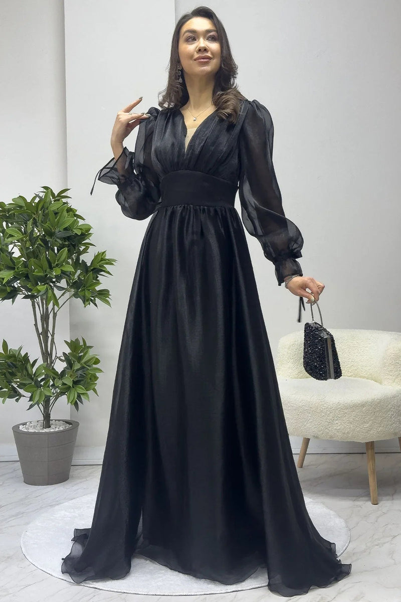 Women's Asymmetric Skirt Black Karpuz Sleeve Prenses V-Neck Evening Gown - the ZKS