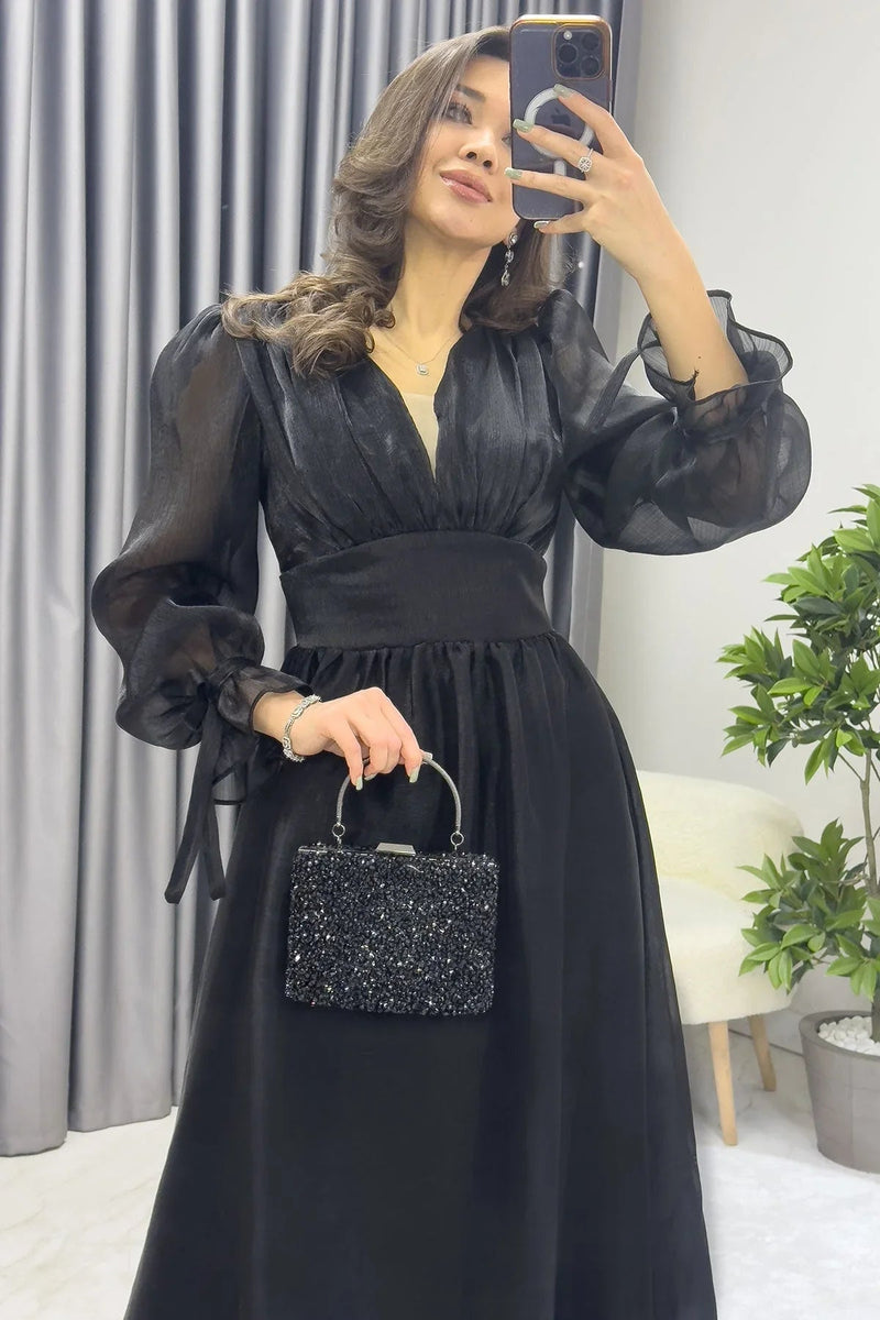 Women's Asymmetric Skirt Black Karpuz Sleeve Prenses V-Neck Evening Gown - the ZKS