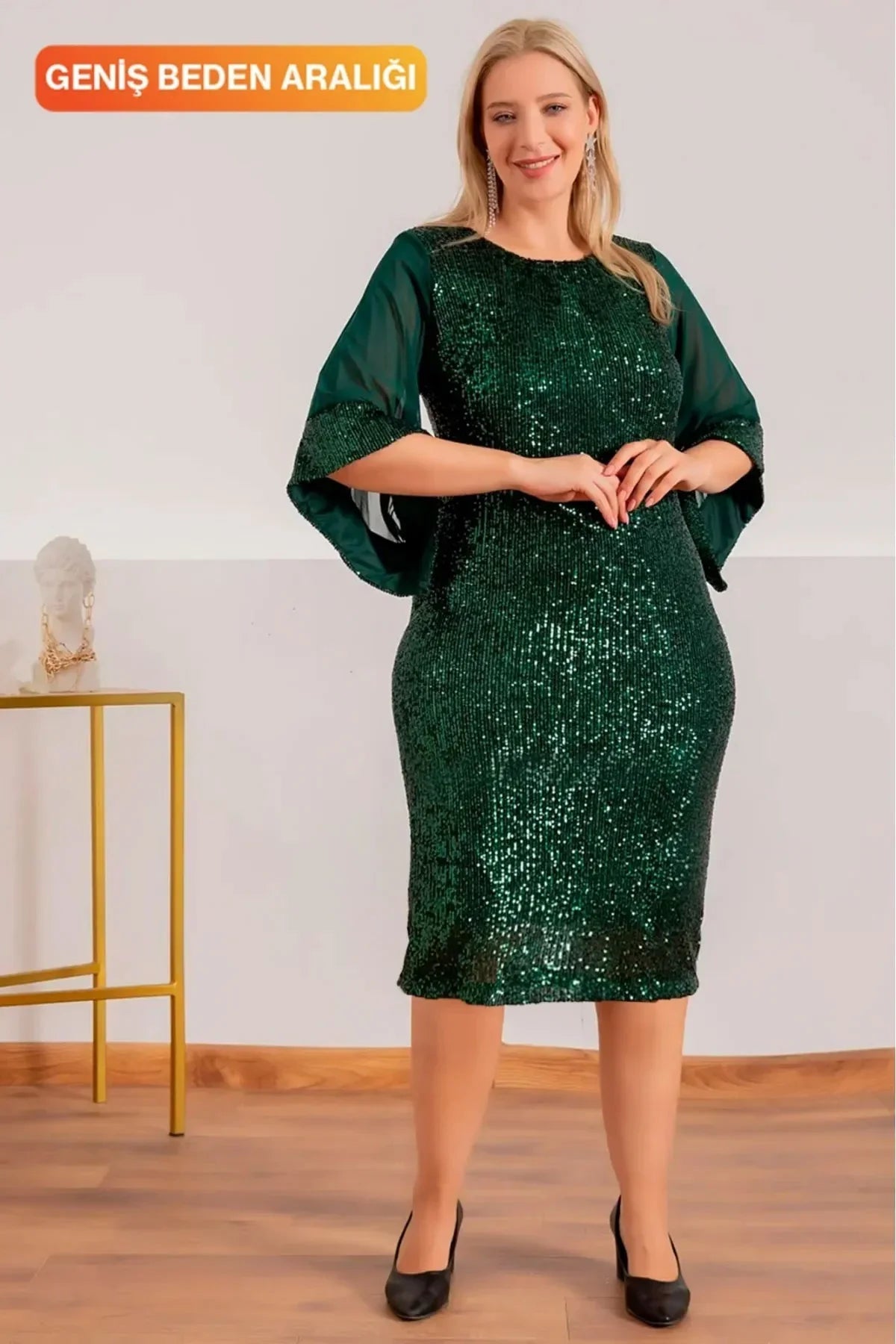 Women's Emerald Green Midi Pulpayet Chiffon Tasarım Half Sleeve Plus Size Evening Gown