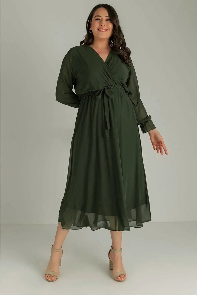 Women's Khaki Wrap Neck Chiffon Plus Size Dress