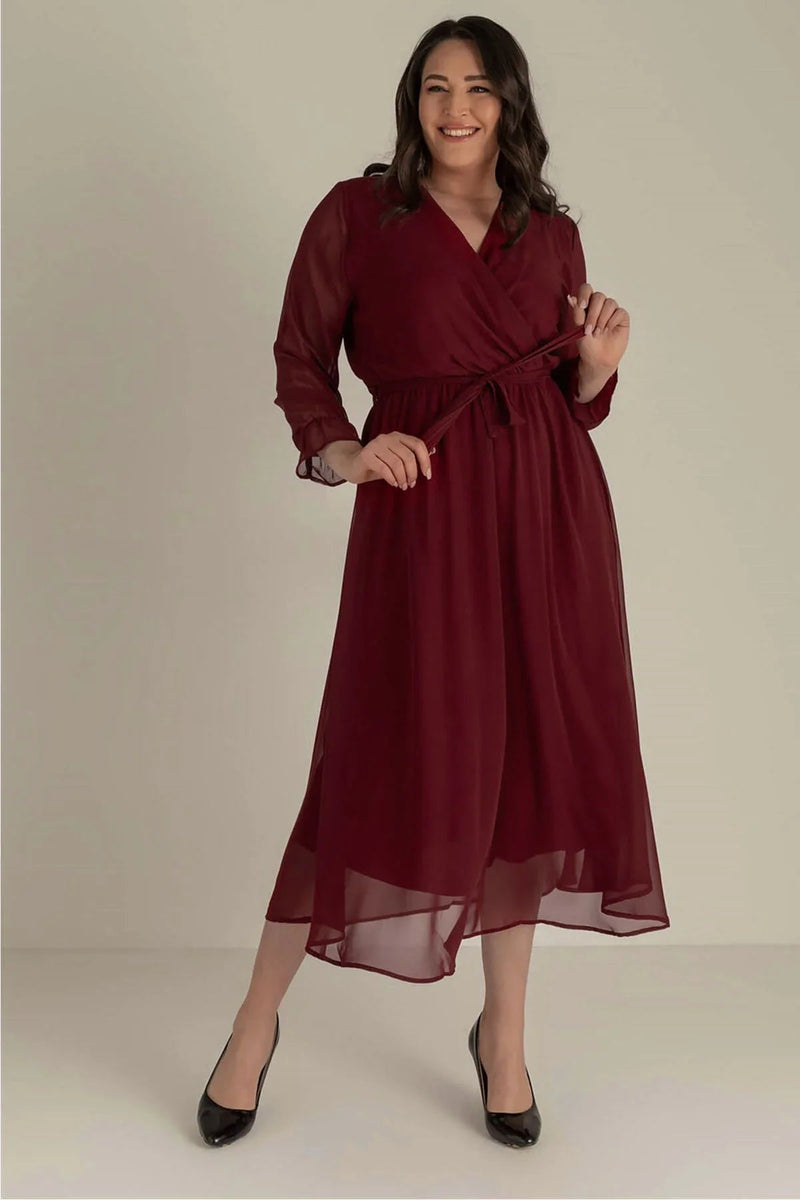 Women's Burgundy Wrap Neck Chiffon Plus Size Dress