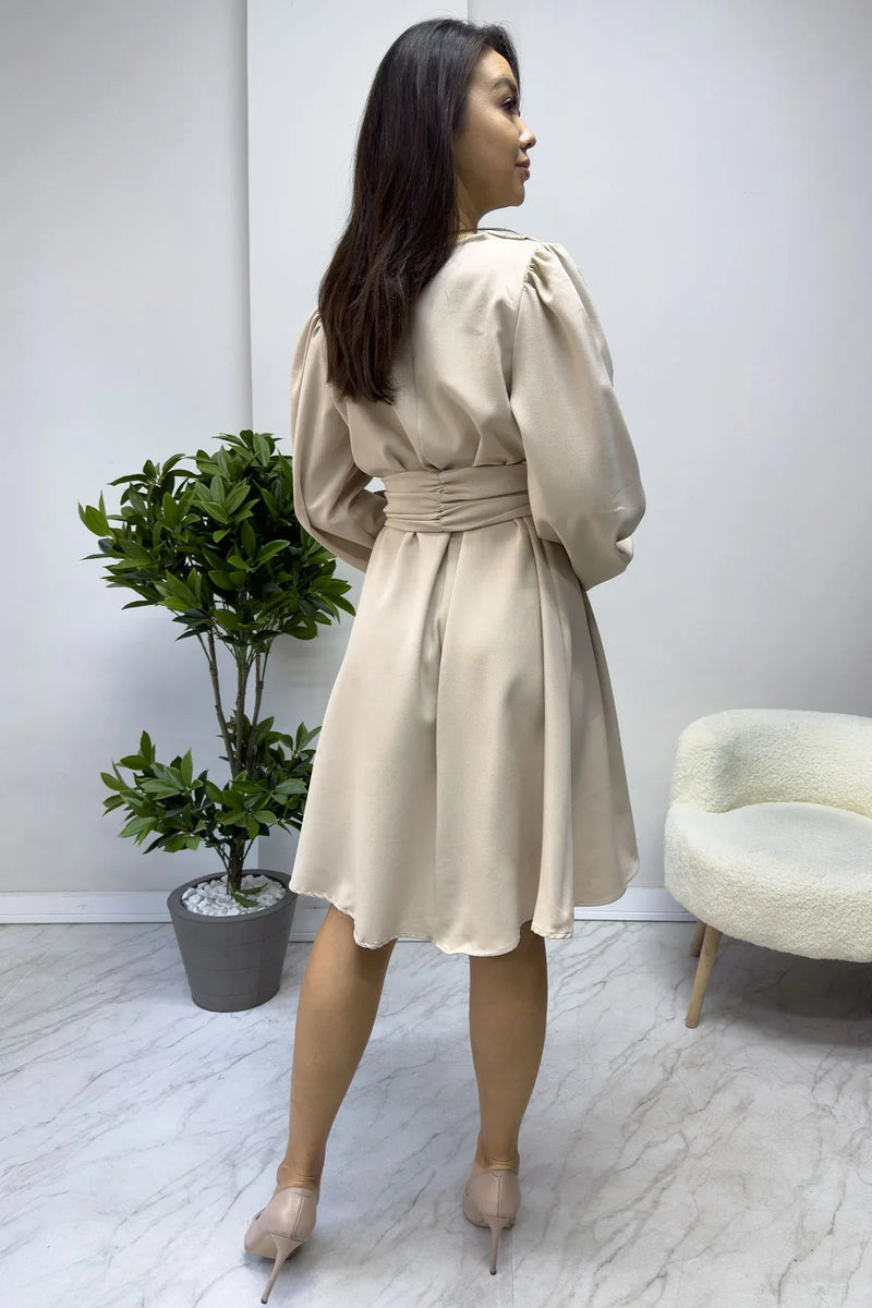 Women's Beige Balloon Sleeve Düğme Detail Belted Flared Dress
