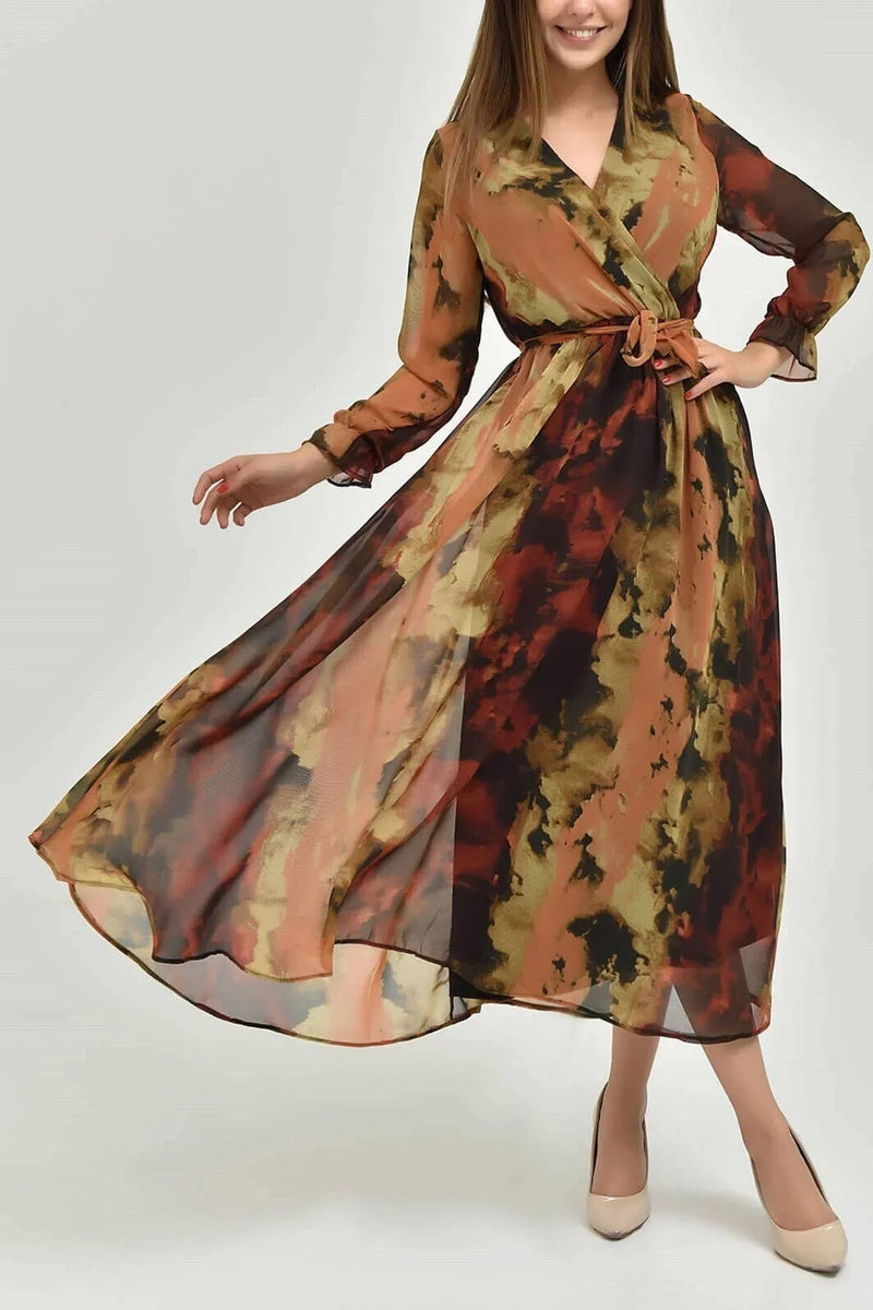 Women's Tie-Dyeli Wrap Neck Chiffon Plus Size Dress