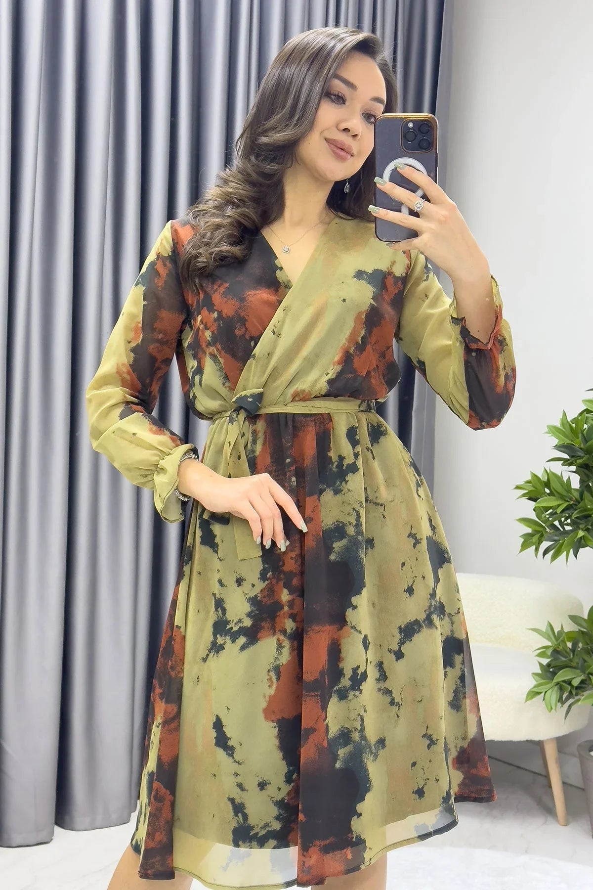 Women's Tie-Dyeli Wrap Neck Chiffon Plus Size Short Dress - the ZKS