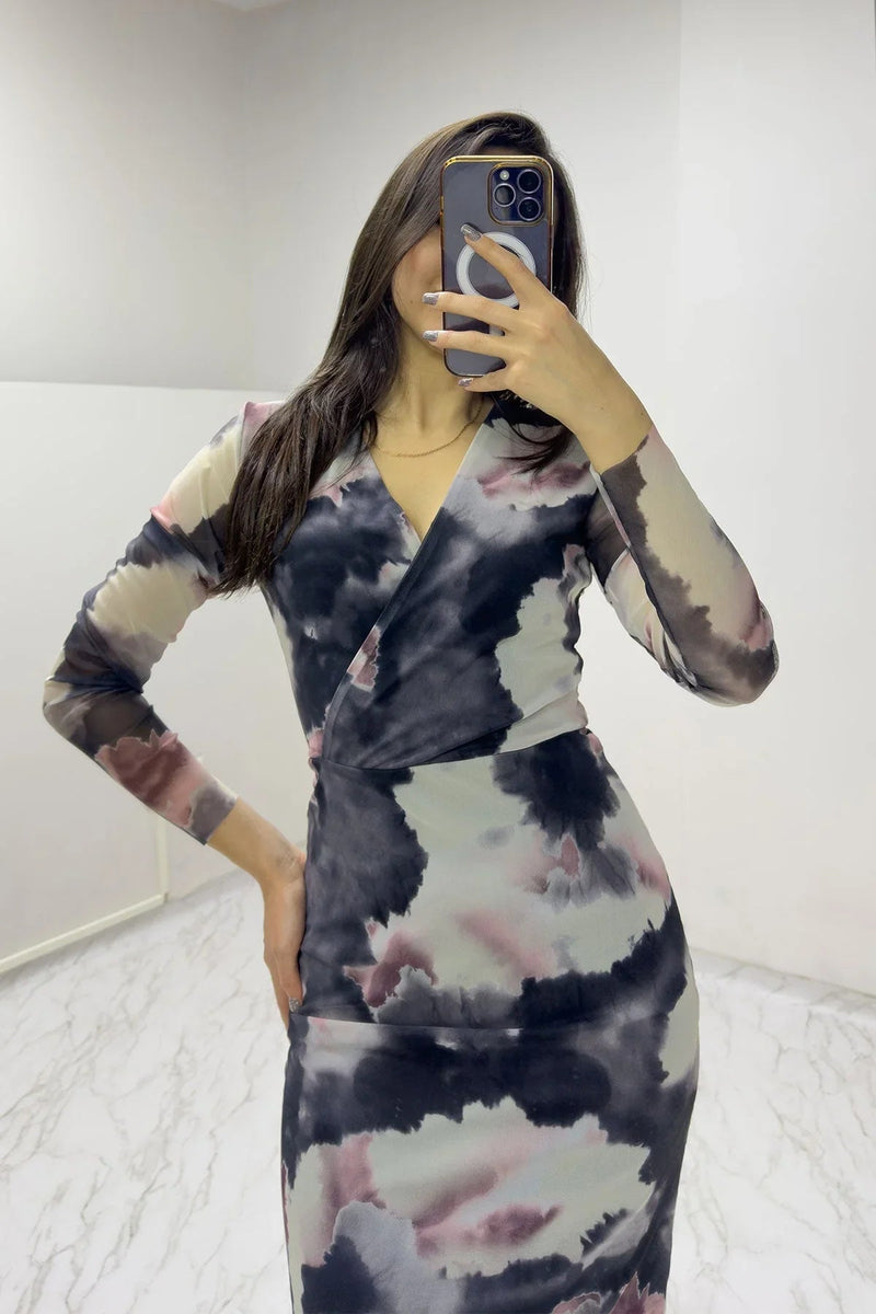 Women's Batik Wrap Neck Stretch Patterned Tulle Dress