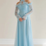 Baby Blue Maxi Sleeveless Tulle Evening Dress