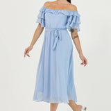 Baby Bluesi Ruffled Madonna Collar Plus Size Chiffon Dress