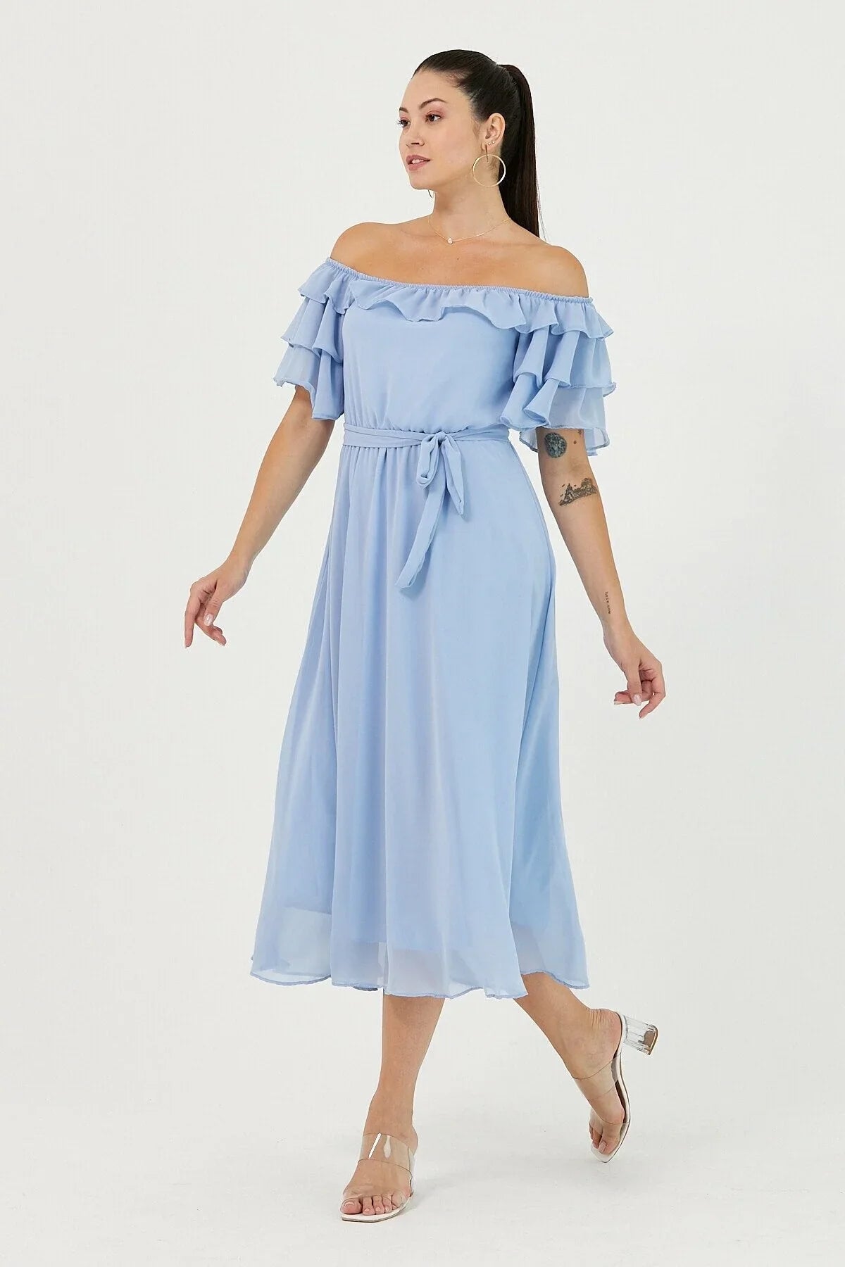 Women's Baby Bluesi Ruffled Madonna Collar Plus Size Chiffon Dress
