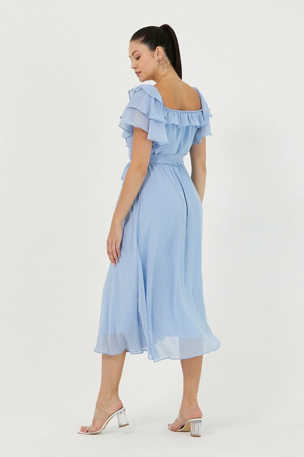 Women's Baby Bluesi Ruffled Madonna Collar Plus Size Chiffon Dress