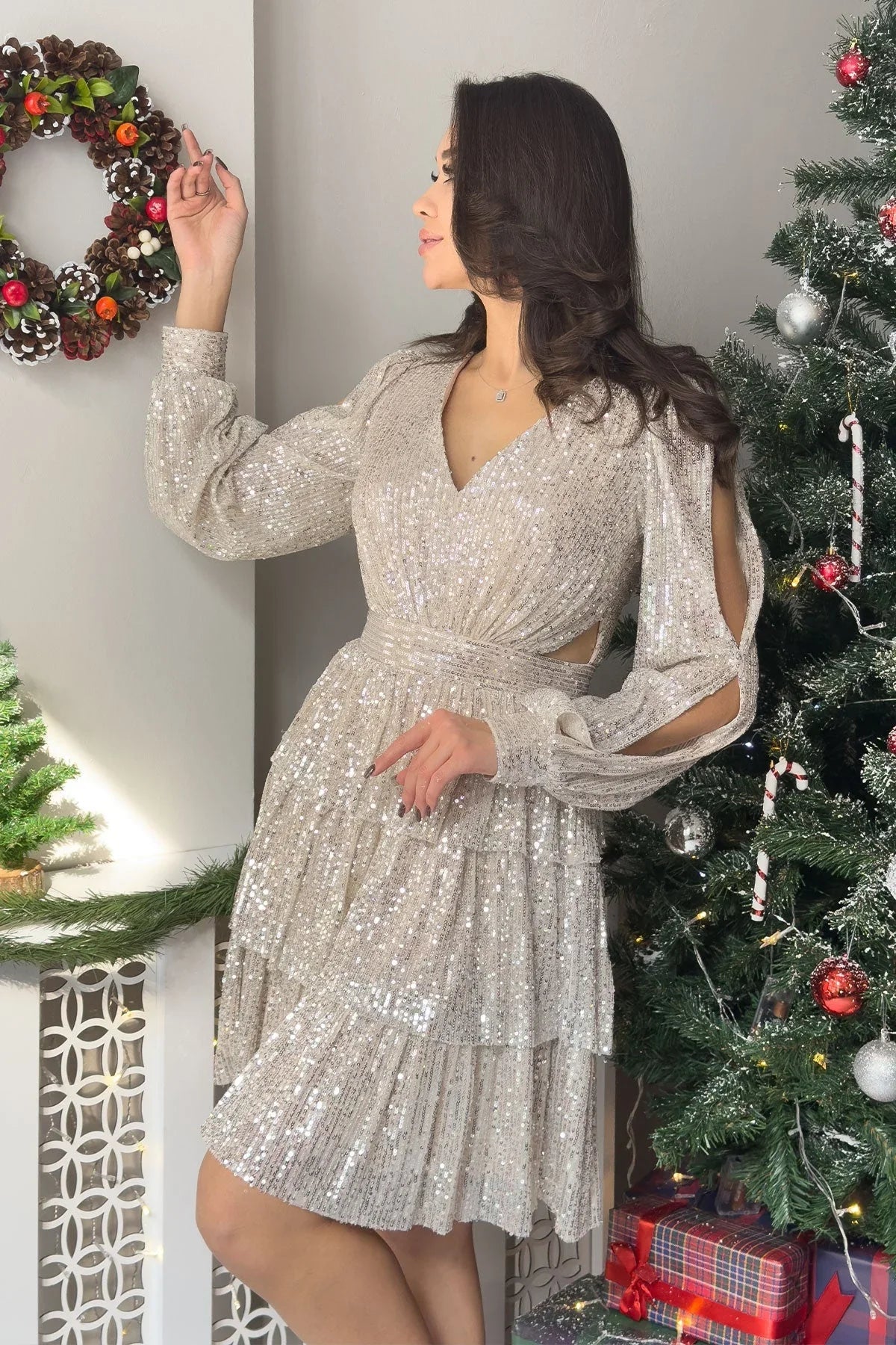 Women's Beige Sequin Open Back Mini After Evening Gown - the ZKS