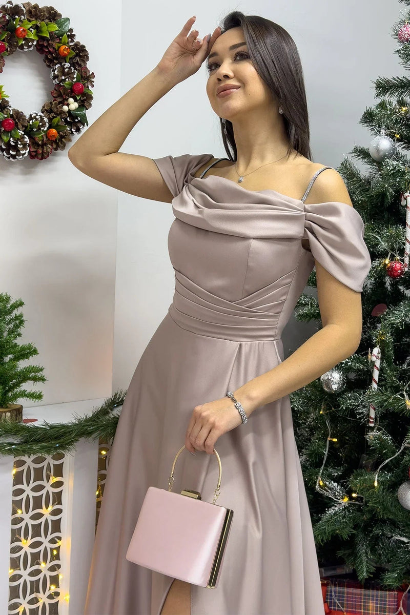 Women's Beige Taş Strap Off-Shoulder Satin Slit Evening Gown - the ZKS