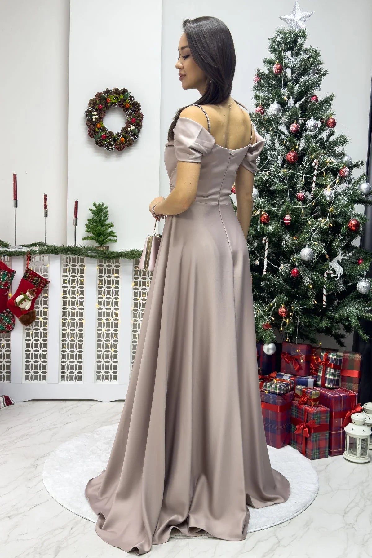 Women's Beige Taş Strap Off-Shoulder Satin Slit Evening Gown - the ZKS