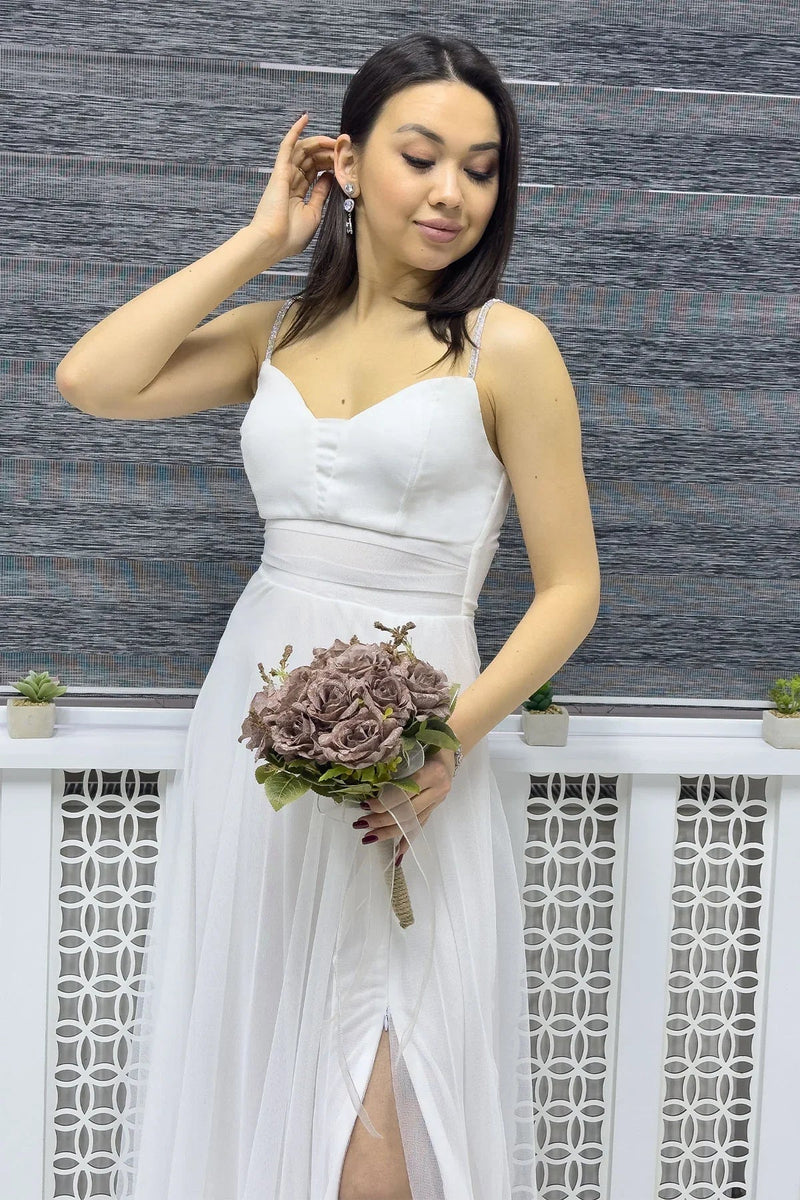 Women's White Taş Strap Ayarlanabilir Slit Plus Size Evening Gown