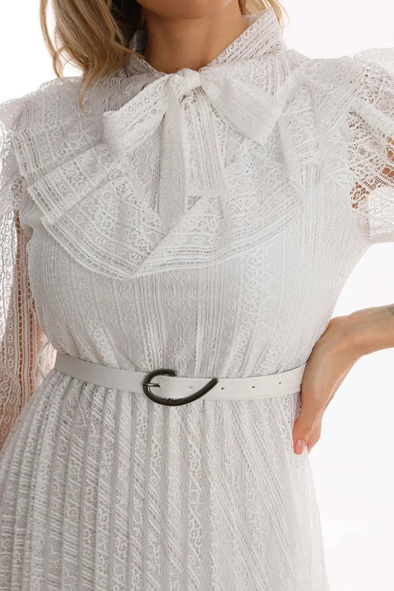 Women's White Halter Tie Fiyonk Detail Leather Belted Güpür Plus Size Evening Gown