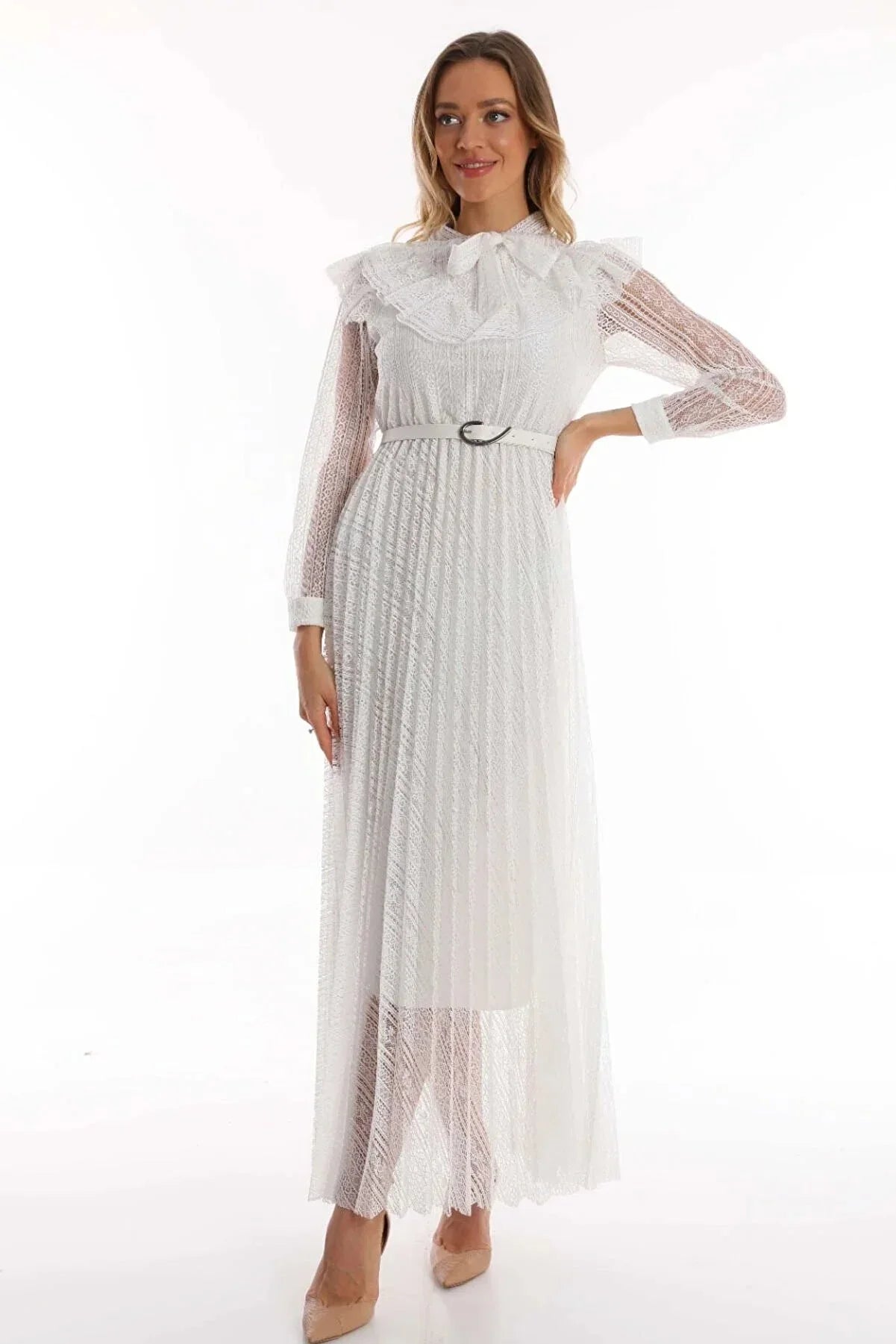 Women's White Halter Tie Fiyonk Detail Leather Belted Güpür Plus Size Evening Gown