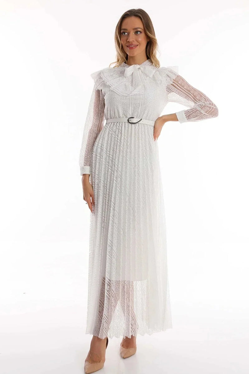 Women's White Halter Tie Fiyonk Detail Leather Belted Güpür Plus Size Evening Gown