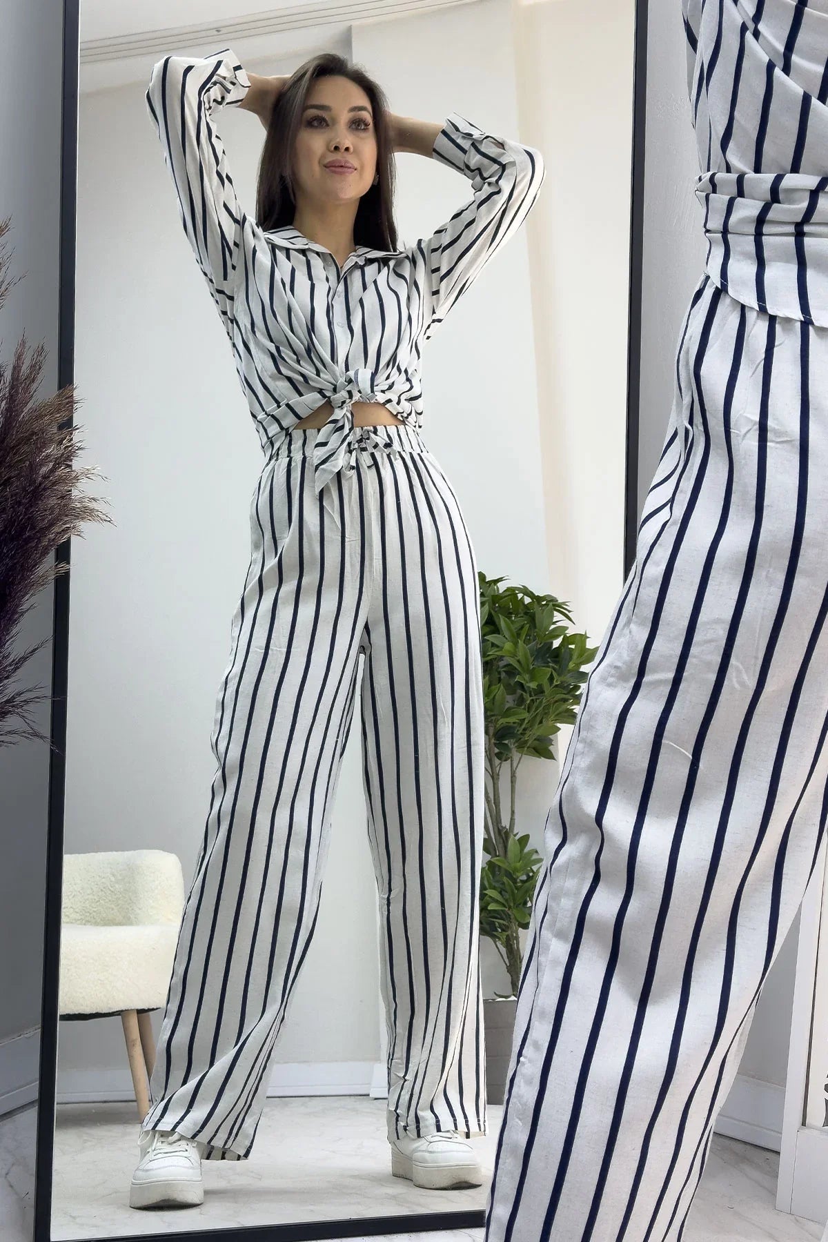 Women's White Navy Blue Striped Shirt Pants Two-Piece Set