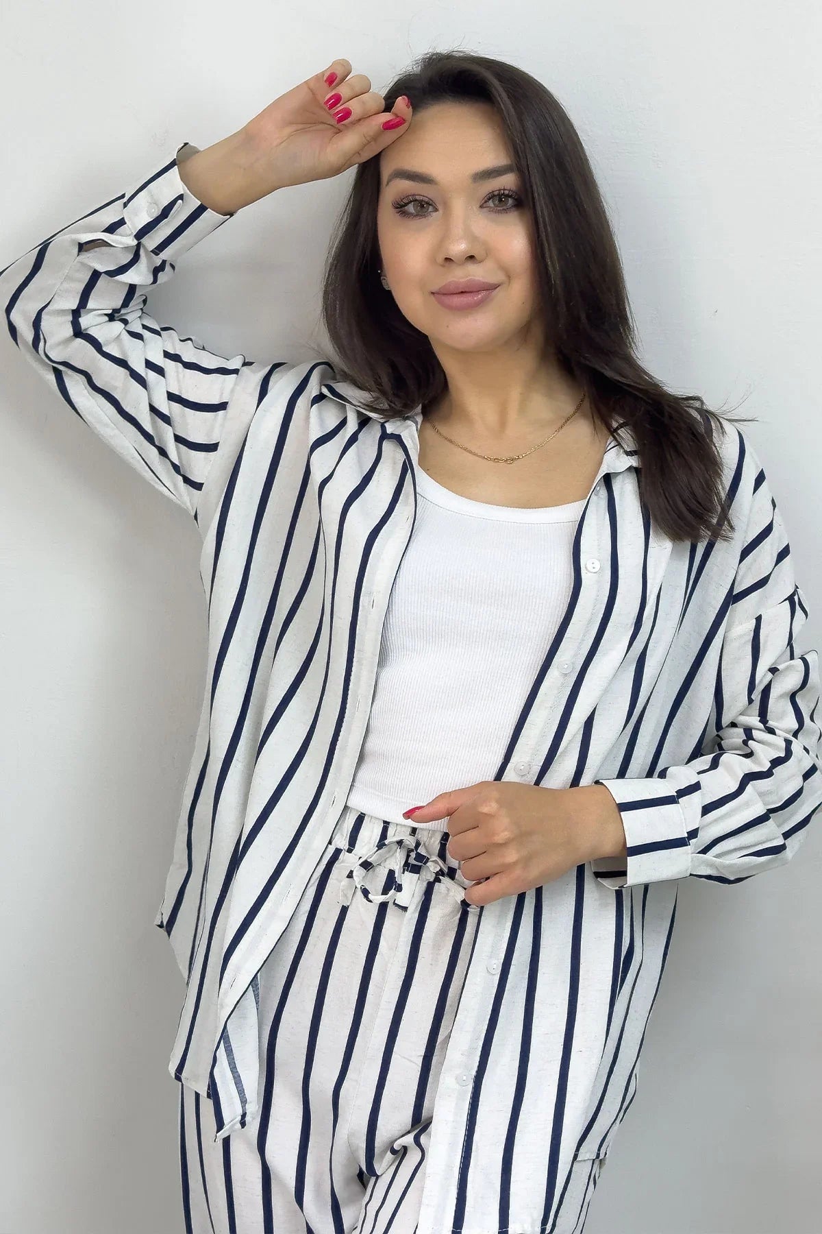 Women's White Navy Blue Striped Shirt Pants Two-Piece Set