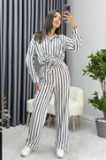 White Navy Blue Striped Shirt Pants Two-Piece Set