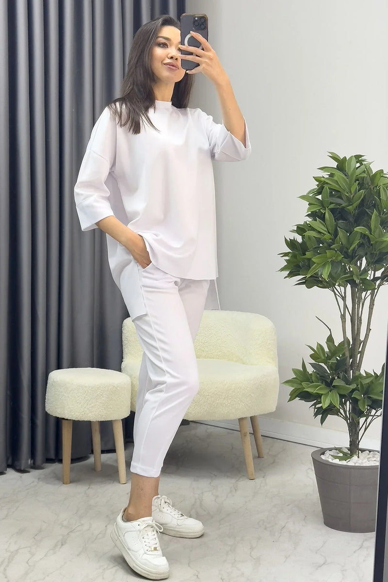 Women's White Long Sleeve Two-Piece Set