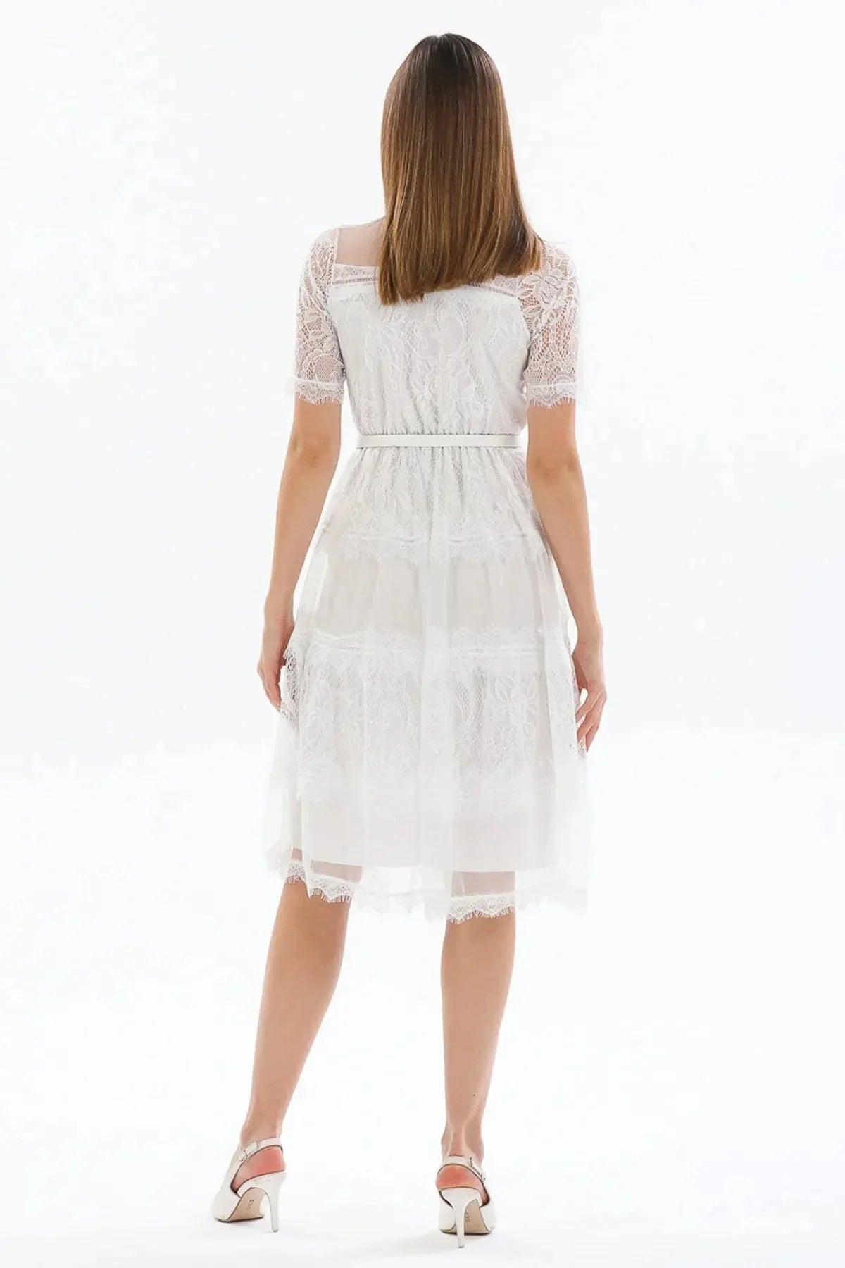 Women's White Short Sleeve Guipure Evening Gown