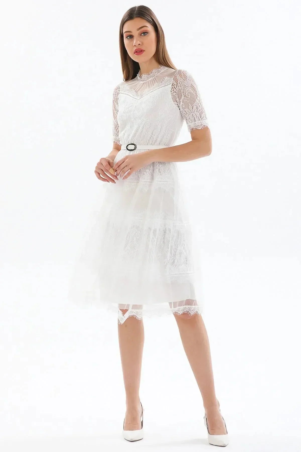 Women's White Short Sleeve Guipure Evening Gown