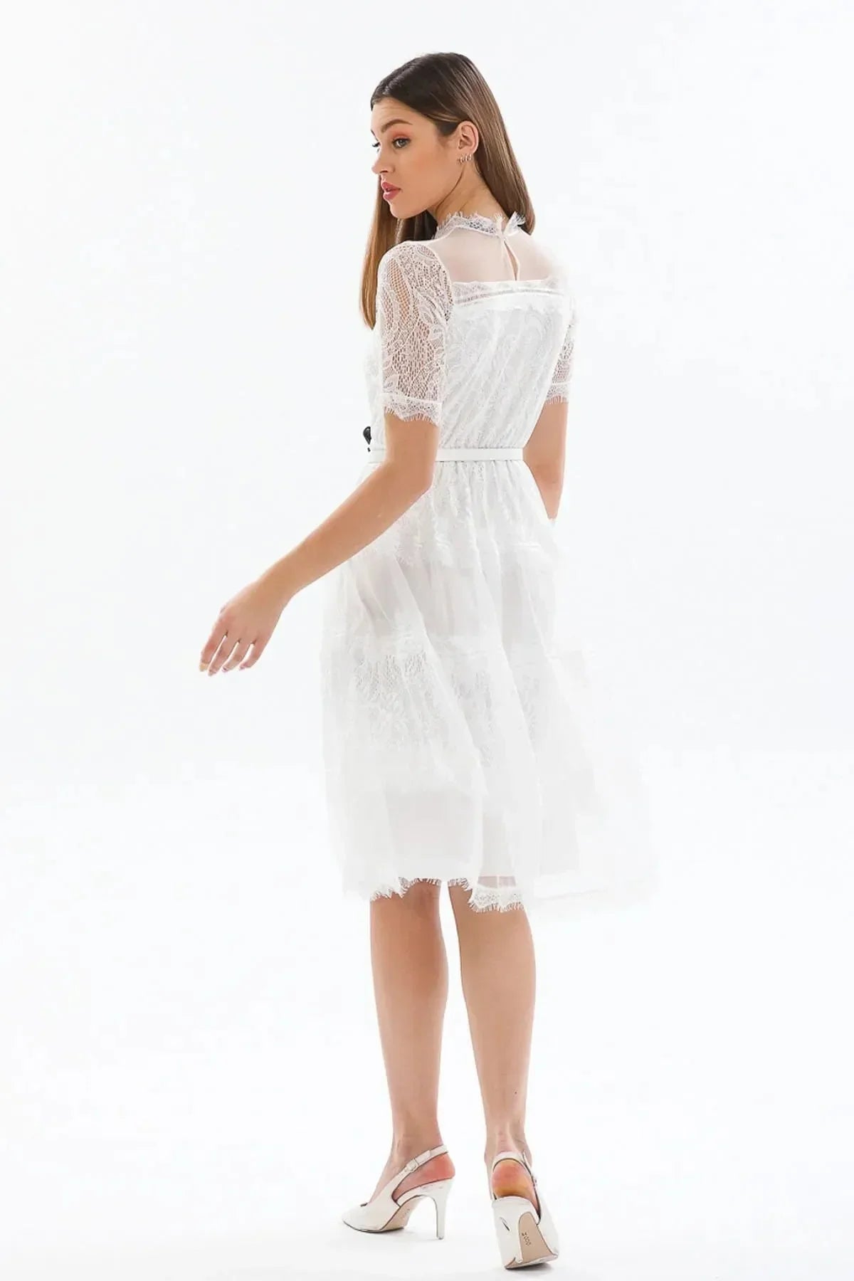 Women's White Short Sleeve Guipure Evening Gown