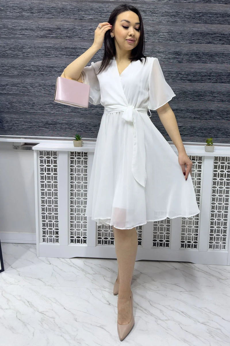Women's White Flared Half Sleeve Plus Size Chiffon Dress