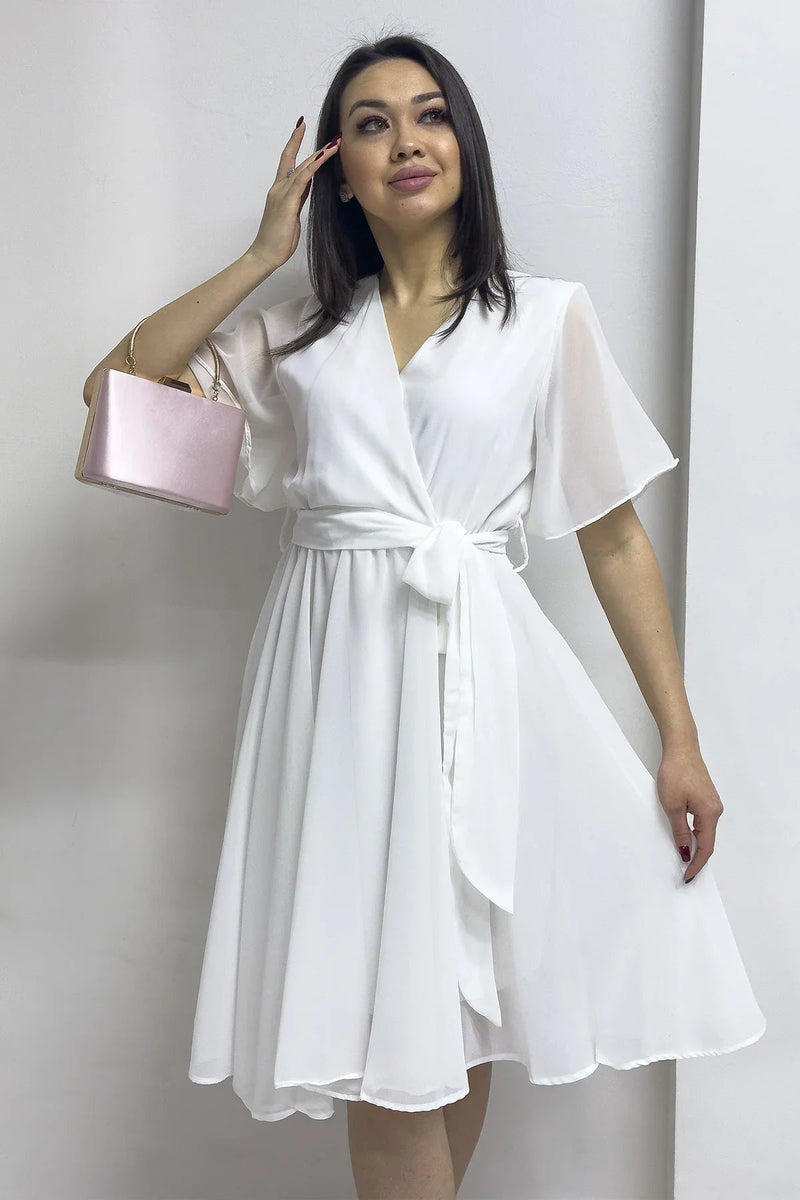 Women's White Flared Half Sleeve Plus Size Chiffon Dress