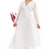 White Cross-Over Neck Midi Length Chiffon Dress