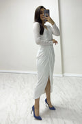 White Sequin Midi Lenght Evening Dress