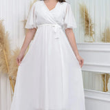 White Short-Sleeve Chiffon Midi Dress